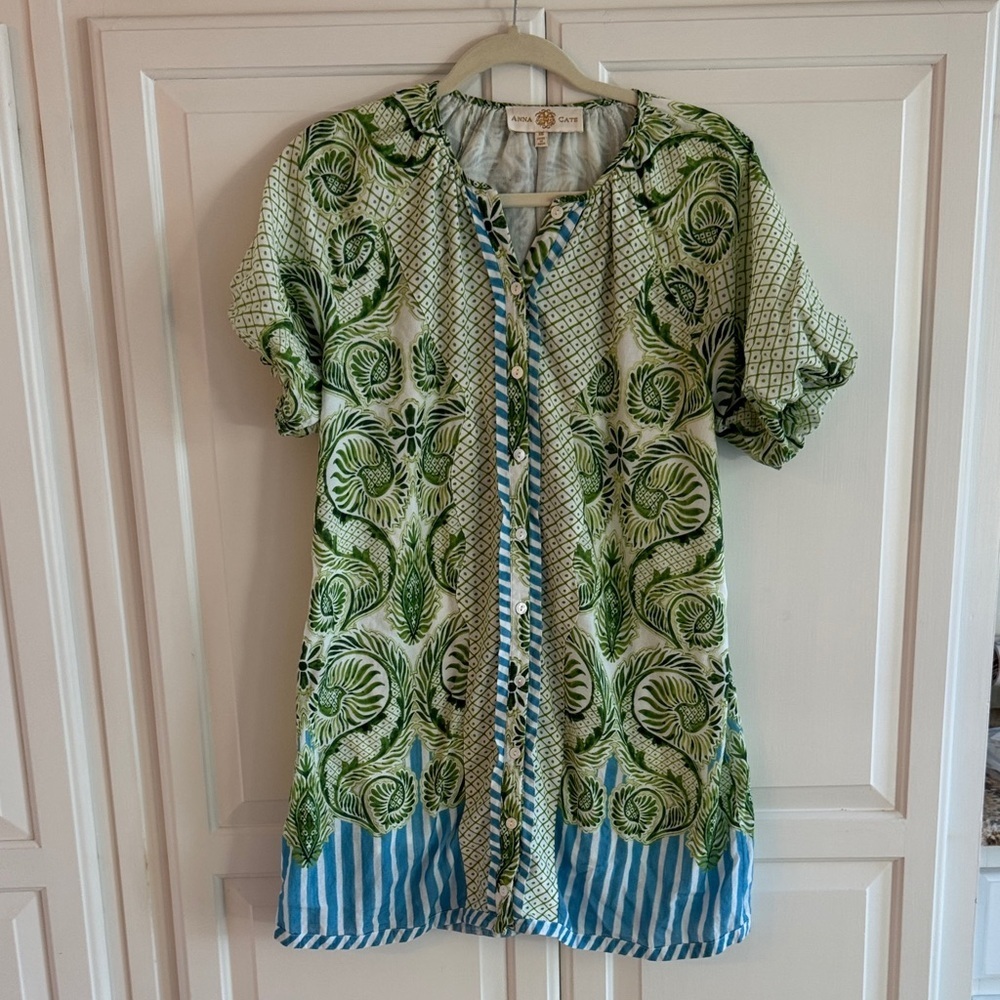 Green & Blue Printed Short-Sleeve Anna Cate Dress